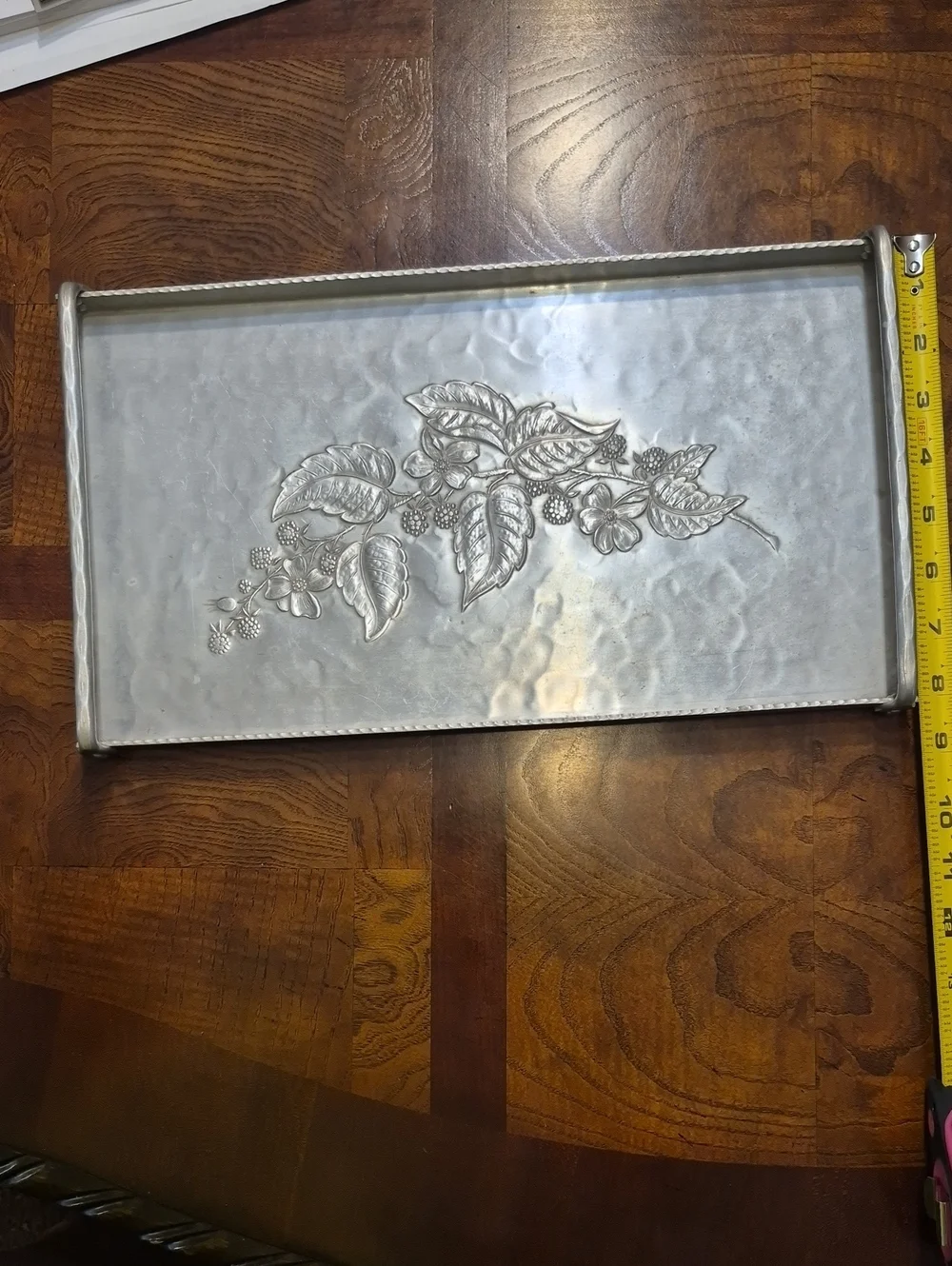 Antique Hand Forged, Everlast Metal,Decorative Silver Floral Metal Tray - Silver